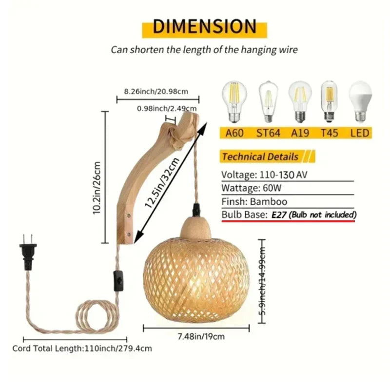 Luminária de Parede de Bambu e Rattan