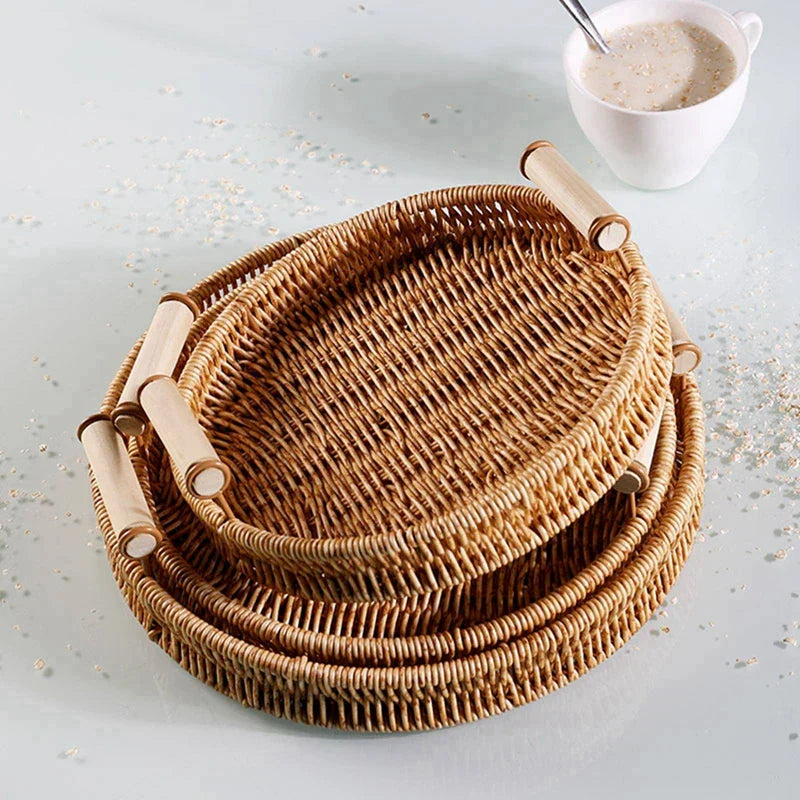 Bandeja Cesta de Rattan Trançado