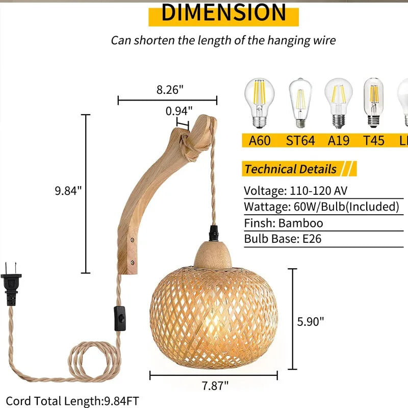 Luminária de Parede de Bambu e Rattan