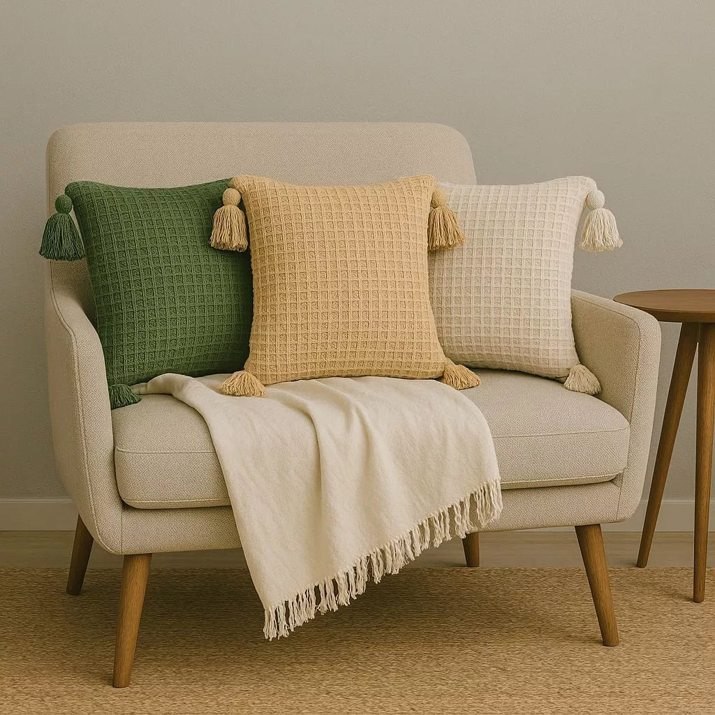 Boho 45x45 pompom piquet cru algodão