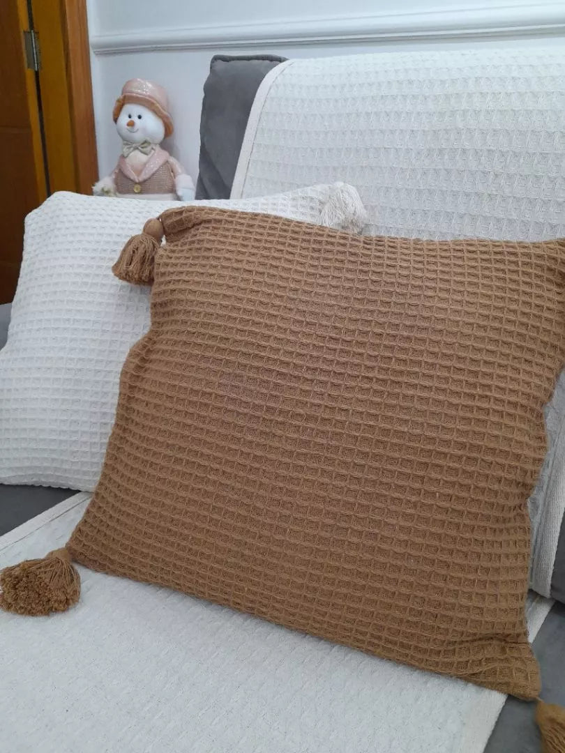 Boho 45x45 pompom piquet cru algodão